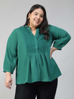 Oxolloxo - Women Plus Size Green V-Neck Three Fourth Sleeve Lace and Pleats Detail Top