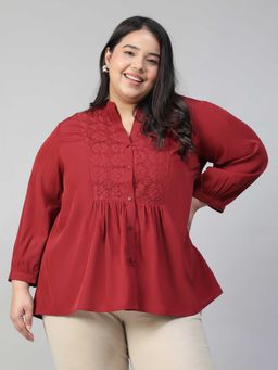 Oxolloxo - Women Plus Size Red V-Neck Three Fourth Sleeve Lace and Pleats Detail Top
