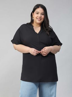 Oxolloxo - Women Plus Size Solid Black V-Neck Short Sleeve Top