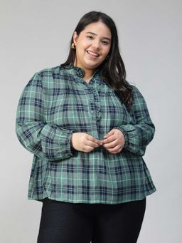 Oxolloxo - Women Plus Size Green Check Print V-Neck Long Sleeve Cotton Top