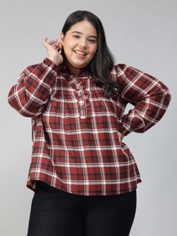 Oxolloxo - Women Plus Size Green Check Print V-Neck Long Sleeve Cotton Top
