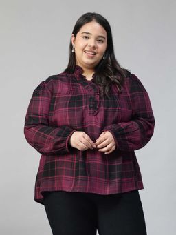 Oxolloxo - Women Plus Size Pink Check Print V-Neck Long Sleeve Cotton Top