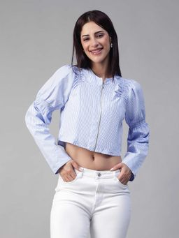 Oxolloxo - Women Blue Stripe Print Round Neck Long Sleeve Smocked Cotton Zip Crop Top