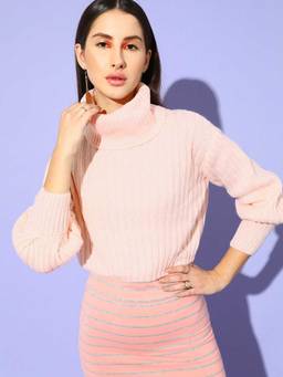 STREET 9 - Peach High Neck Full Sleeves Sweater