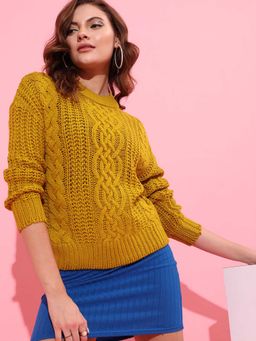 STREET 9 - Mustard Full Sleeves Cable Knitted Sweater