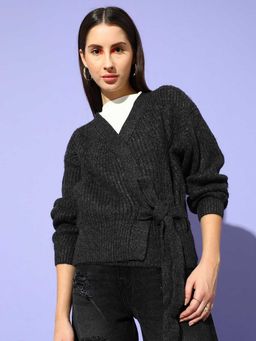 STREET 9 - Dark Grey Full Sleeves Tie Up Cardigan