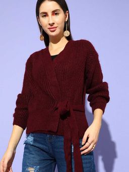 STREET 9 - Burgundy Full Sleeves Tie Up Cardigan