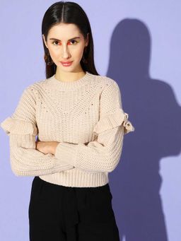 STREET 9 - Beige Full Sleeves Round Neck Sweater
