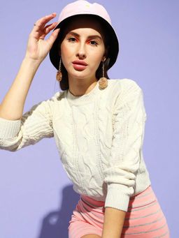 STREET 9 - Cream Cable Knitted Full Sleeves Sweater