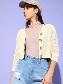 STREET 9 - Beige Full Sleeves Crop Cardigan