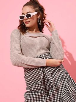STREET 9 - Dark Grey Full Sleeves Cable Knit Sweater with Pullover