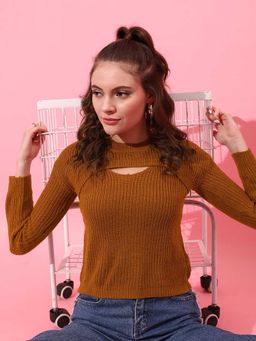 STREET 9 - Brown Full Sleeves Cable Knit Sweater with Pullover
