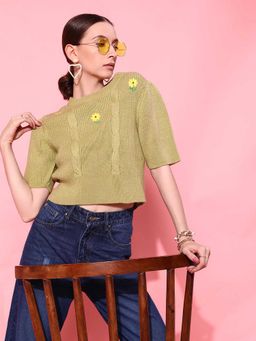 STREET 9 - Green Half Sleeves Crop Sweater