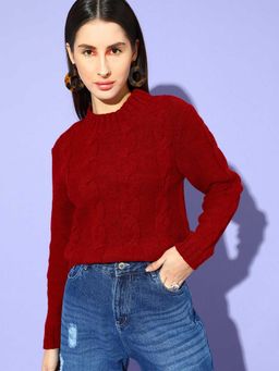 STREET 9 - Red Full Sleeves Cable Knit Sweater