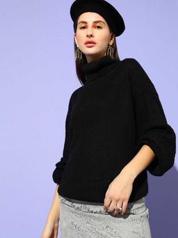 STREET 9 - Black Turtle Neck Ribbed Full Sleeves Sweater