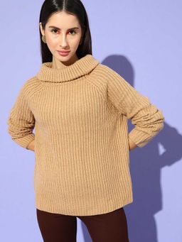 STREET 9 - Beige Turtle Neck Ribbed Full Sleeves Sweater