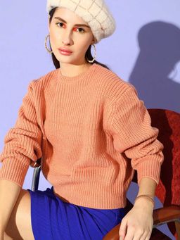 STREET 9 - Peach Ribbed Full Sleeves Sweater