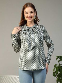 Oxolloxo - Women Green Check Satin Print Long Sleeve Round Neck With Tie-Up Detail Top