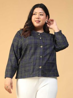 Oxolloxo - Women Plus Size Blue Check Long Sleeve Round Neck Button-Down Shirt
