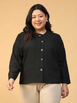 Oxolloxo - Women Plus Size Solid Black Long Sleeve Round Neck Button-Down Shirt
