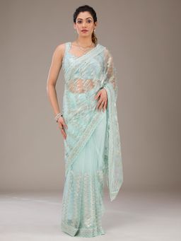 Koskii - Pista Green Sequins Net Saree with Unstitched Blouse