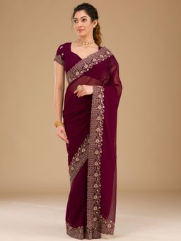 Koskii - Wine Zari Georgette Saree with Unstitched Blouse