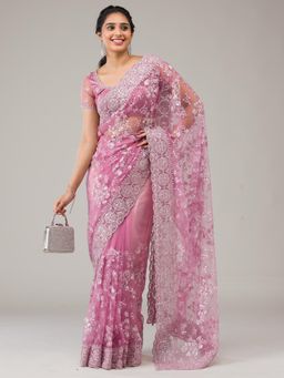 Koskii - Women Zariwork (Silver) Net Saree With Unstitched Blouse