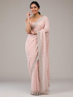 Koskii - Women Stonework (Silver) Georgette Saree With Unstitched Blouse