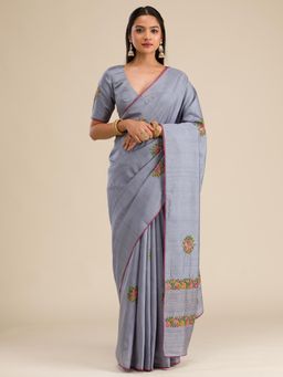 Koskii - Grey Embroidered Silk Saree with Unstitched Blouse