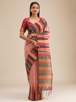 Koskii - Peach Printed Art Silk Saree with Unstitched Blouse