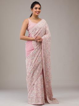 Koskii - Women Threadwork Tissue Saree With Unstitched Blouse