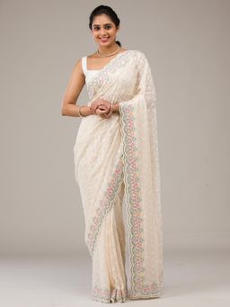 Koskii - Cream Embellished Georgette Saree with Unstitched Blouse
