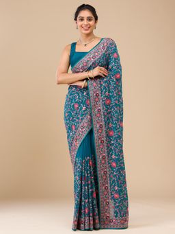 Koskii - Turquoise Blue Embellished Georgette Saree with Unstitched Blouse