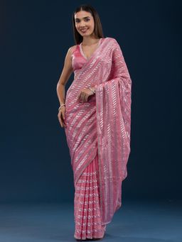Koskii - Peach Sequins Semi Crepe Saree with Unstitched Blouse