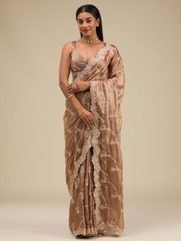 Koskii - Women Zariwork (Gold) Organza Saree With Unstitched Blouse