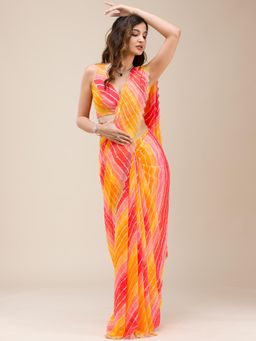 Koskii - Yellow/Red Stonework Georgette Saree with Unstitched Blouse