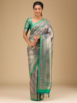 Koskii - Rama Green Swarovski Raw Silk Saree with Unstitched Blouse