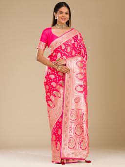 Koskii - Rani Pink Zari Banarasi Silk Saree with Unstitched Blouse