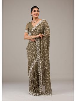 Koskii - Green Sequins Georgette Saree with Unstitched Blouse