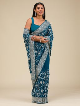 Koskii - Turquoise Blue Embellished Georgette Saree with Unstitched Blouse