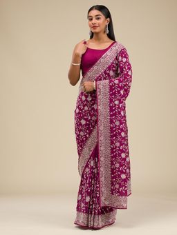 Koskii - Wine Embellished Georgette Saree with Unstitched Blouse
