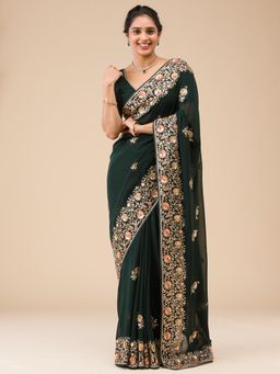Koskii - Bottle Green Sequins Georgette Saree with Unstitched Blouse