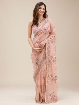 Koskii - Women Threadwork Tissue Saree With Unstitched Blouse