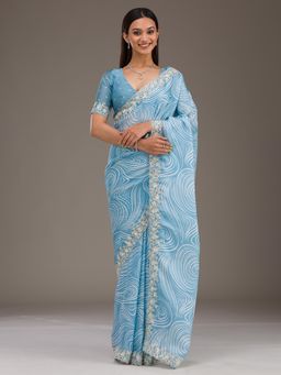 Koskii - Sky Blue Zari Georgette Saree with Unstitched Blouse