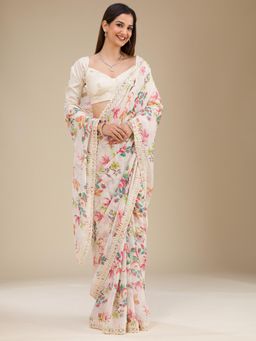 Koskii - Off White Embellished Georgette Saree with Unstitched Blouse