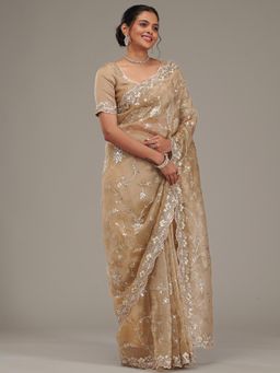 Koskii - Women Zariwork (Silver) Organza Saree With Unstitched Blouse