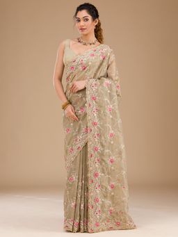 Koskii - Women Threadwork Tissue Saree With Unstitched Blouse