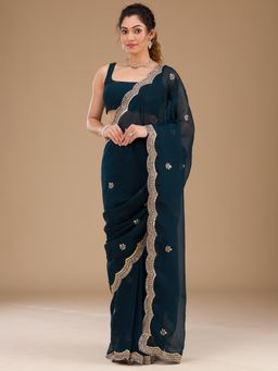 Koskii - Peacock Blue Sequins Tissue Saree with Unstitched Blouse