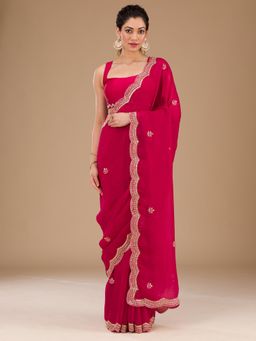 Koskii - Rani Pink Sequins Tissue Saree with Unstitched Blouse