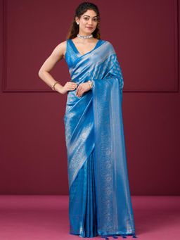 Koskii - Turquoise Blue Zari Art Silk Saree with Unstitched Blouse